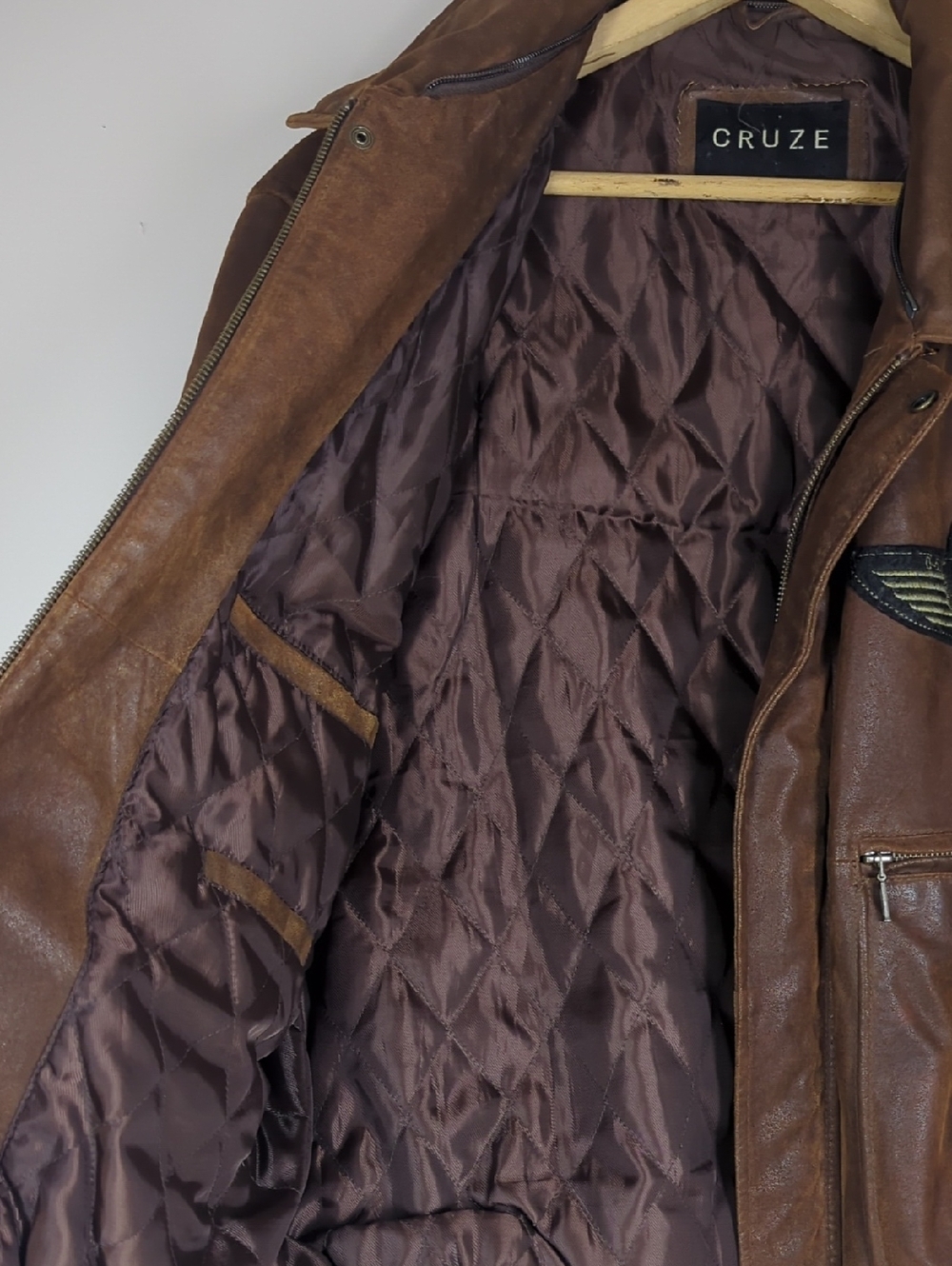 Vintage Brown Leather Bomber Jacket Aviator Pilot Style Distressed Patch Detail - Picture 8 of 10